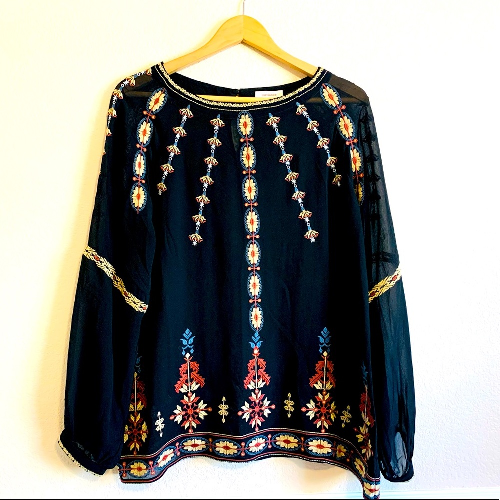 Sundance Gorgeous Sheer Black Embroidered Blouse